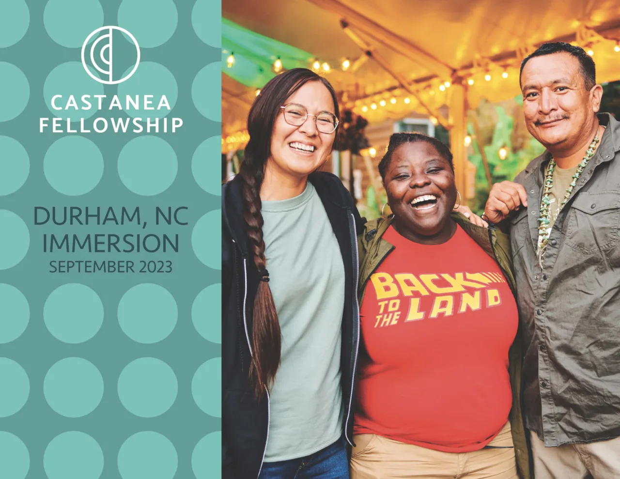 Three people of color smiling at the camera. Background has soft lighting overhead. Text reads: Castanea Fellowship Durham, NC Immersion September 2023